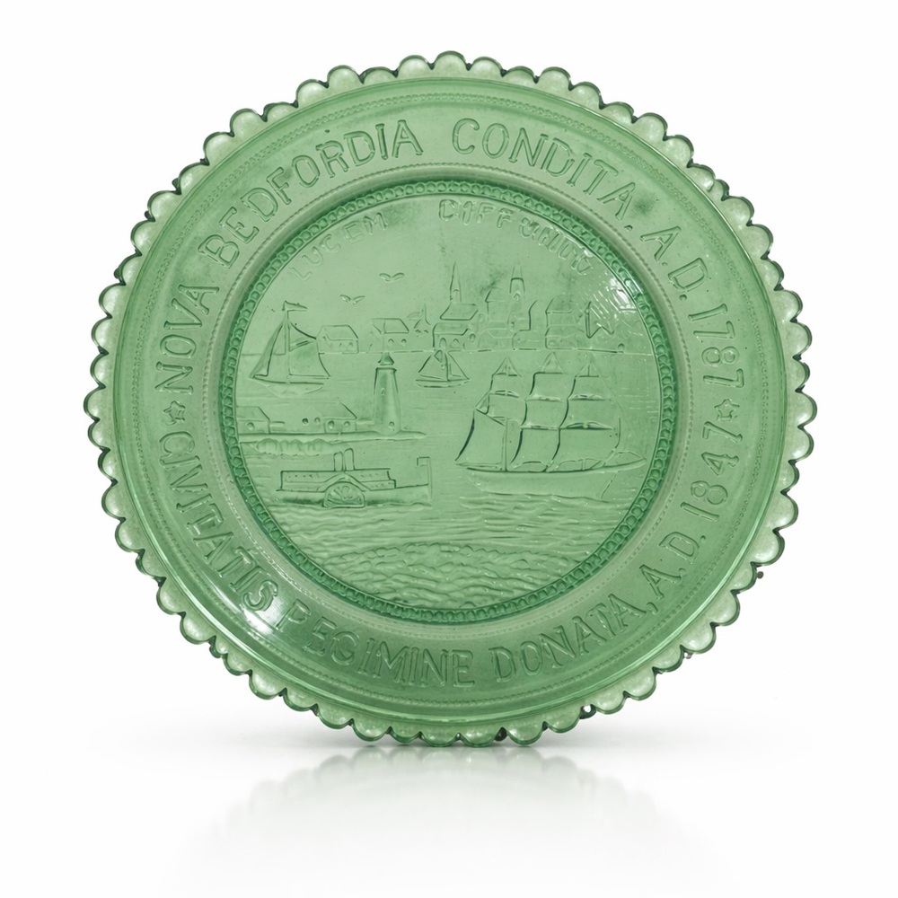 Vintage New Bedford Green Glass Seal Plate 3.5” City of New Bedford Markey 1979